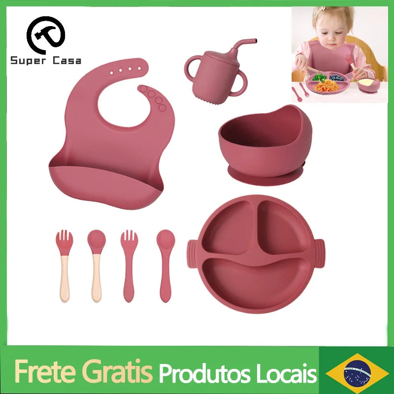 8 peças para alimentação dos bebês, peças de silicone para desmame de bebês, conjunto de talheres infantis para treinamento de refeições.