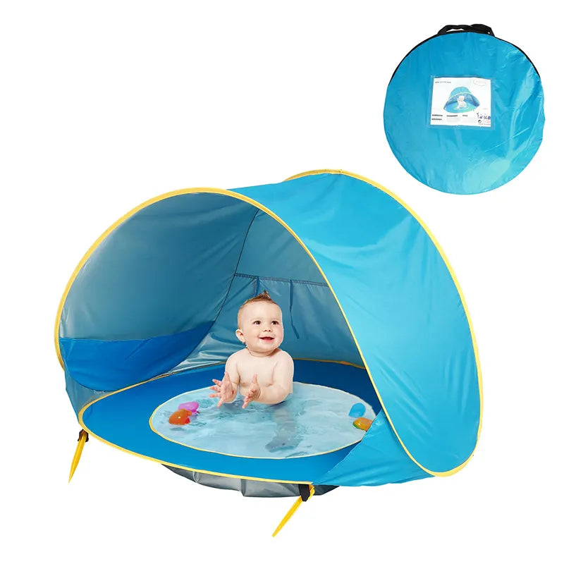 Barraca de praia para bebês à prova d'água, toldo solar, com proteção UV, funciona como abrigo solar com piscina. Possui anel de natação seguro. É um verdadeiro acampamento ao ar livre. Pode ser utilizado como guarda-sol.