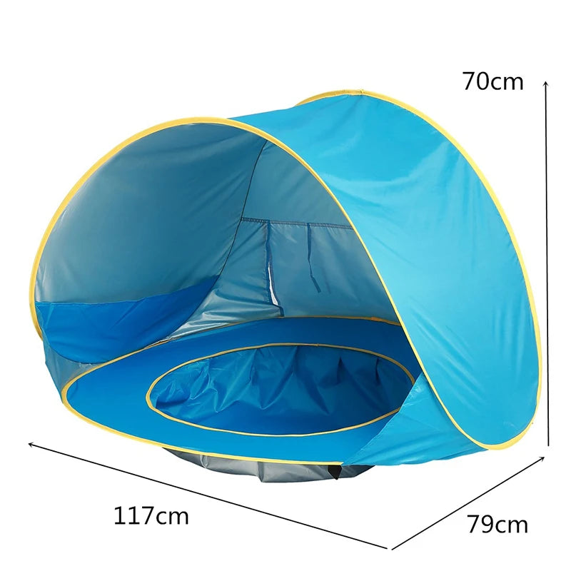 Barraca de praia para bebês à prova d'água, toldo solar, com proteção UV, funciona como abrigo solar com piscina. Possui anel de natação seguro. É um verdadeiro acampamento ao ar livre. Pode ser utilizado como guarda-sol.