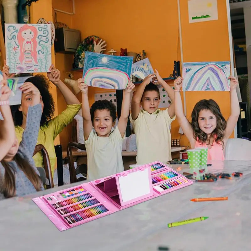 Conjunto de arte para crianças, 208 peças, kit de criação de arte, de desenho, com canetinhas, lápis colorido, aquarela, bolos de aquarela, bloco de rascunho.